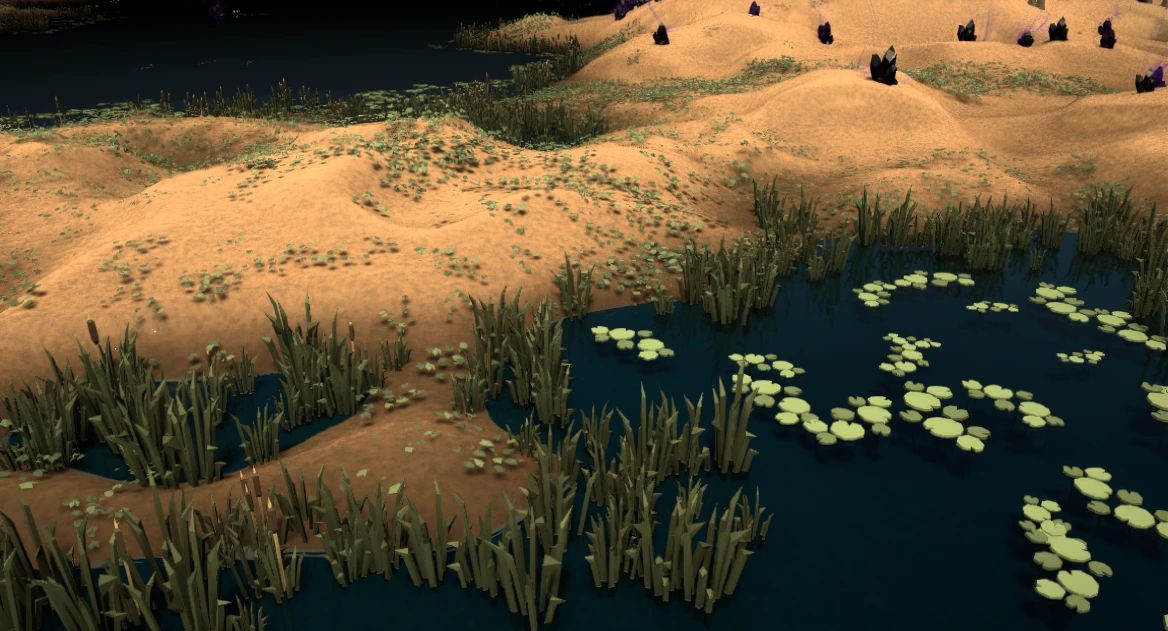 Vue d'un biome de zone humide — roseaux, nénuphars et dunes sableuses